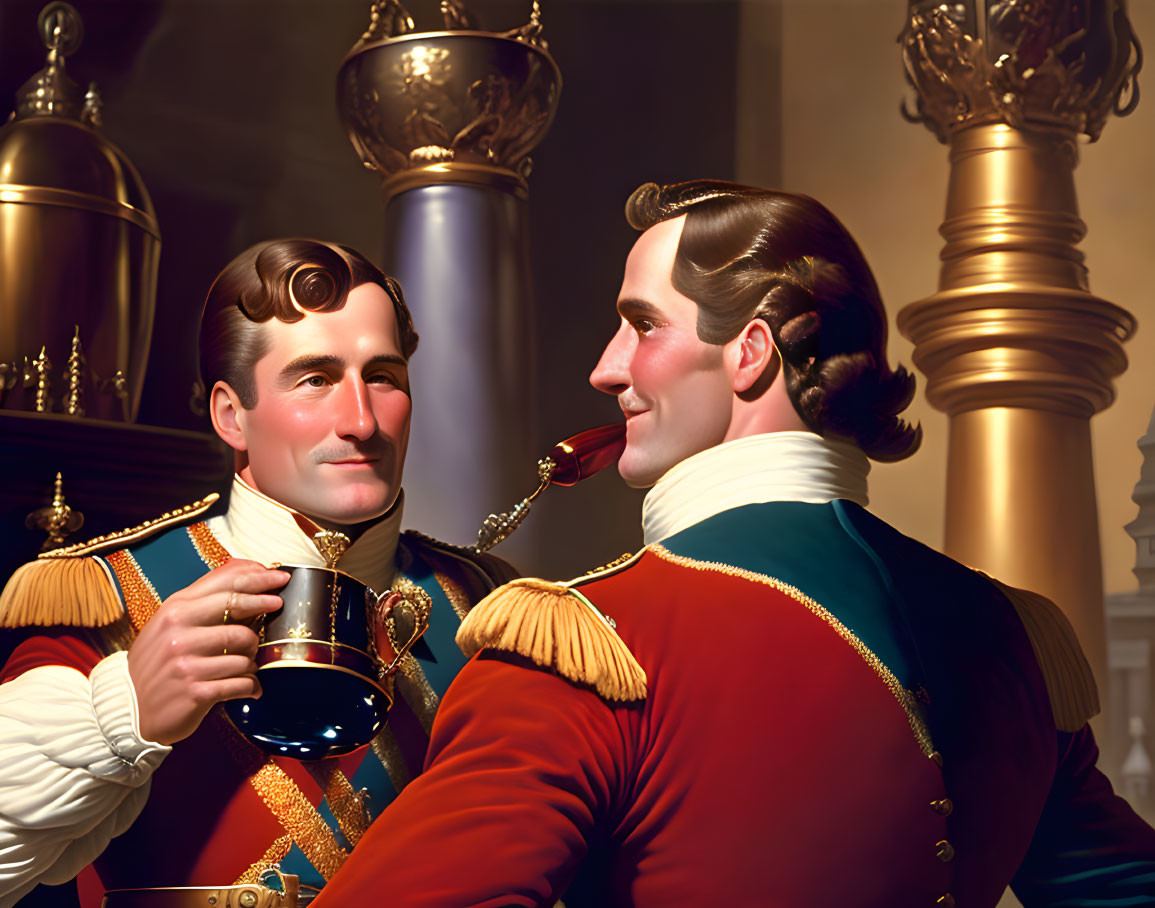 Men in ornate military uniforms toasting in luxurious interior