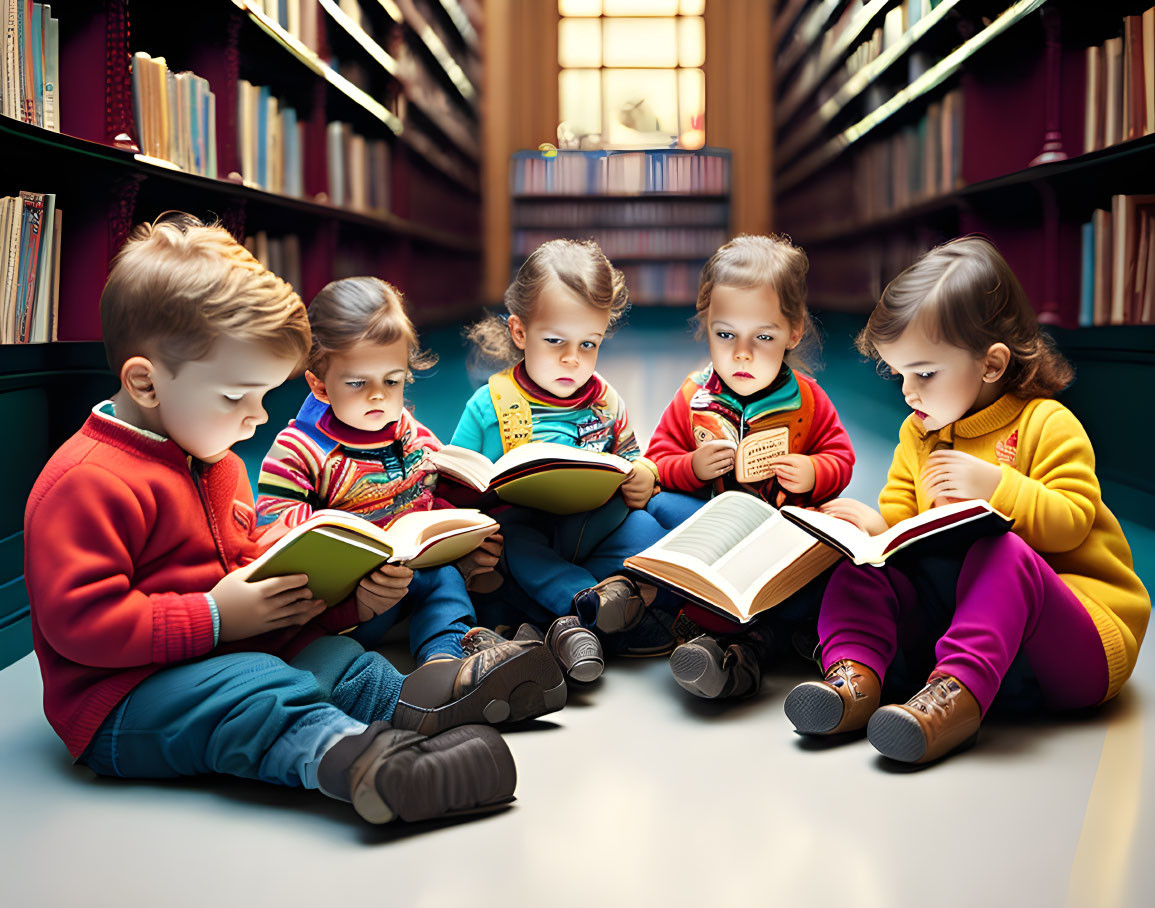 Children reading books in library with bookshelves