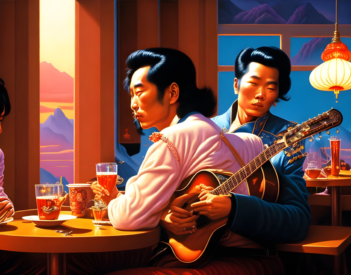 Two people with a guitar in a bar under warm lighting with drinks, emitting a retro, serene atmosphere