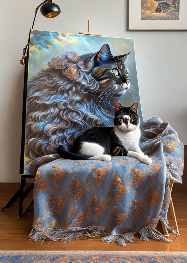 Black and white cat next to stylized painting on blue blanket