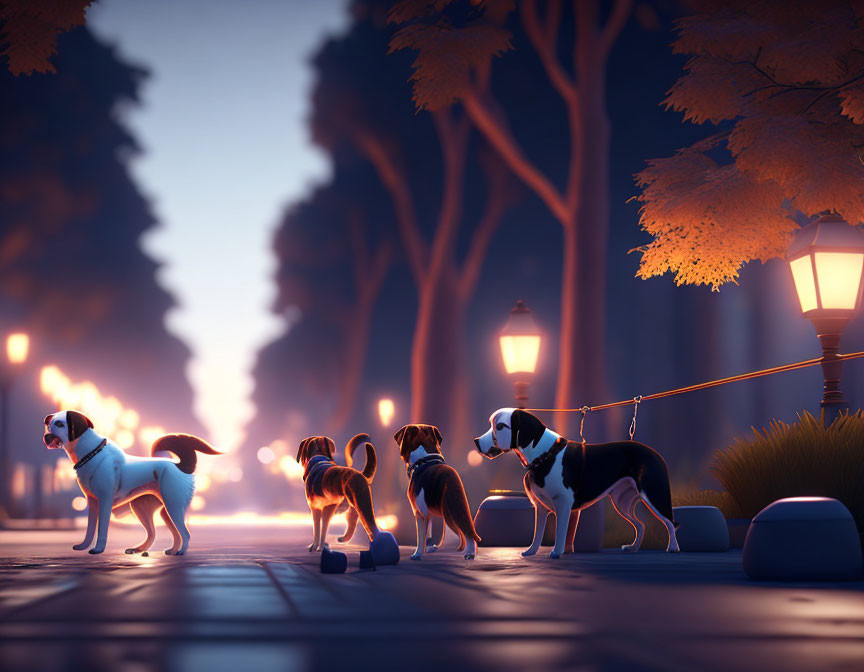 Four animated dogs on leashes under streetlamps at twilight