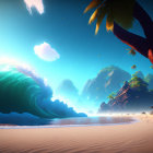 Tropical Beach with Palm Trees and Curling Wave