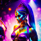 Colorful Stage Lights Illuminate Woman in Ornate Attire