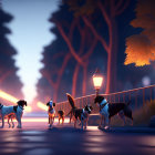 Four animated dogs on leashes under streetlamps at twilight