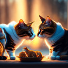 Three animated cats with unique markings around a plate of toast at sunset