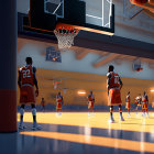 Basketball Players in Orange Uniforms on Indoor Court with Spectators