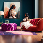 Woman in Sparkling Dress on Curved Sofa in Elegant Room with Portrait on Wall