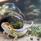 Colorful lizards near glass terrarium with plants in tranquil setting