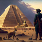 Man in period attire gazes at Great Pyramid with animals and smaller pyramids at dusk