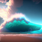 Vibrant blue and turquoise surreal wave under pastel sky