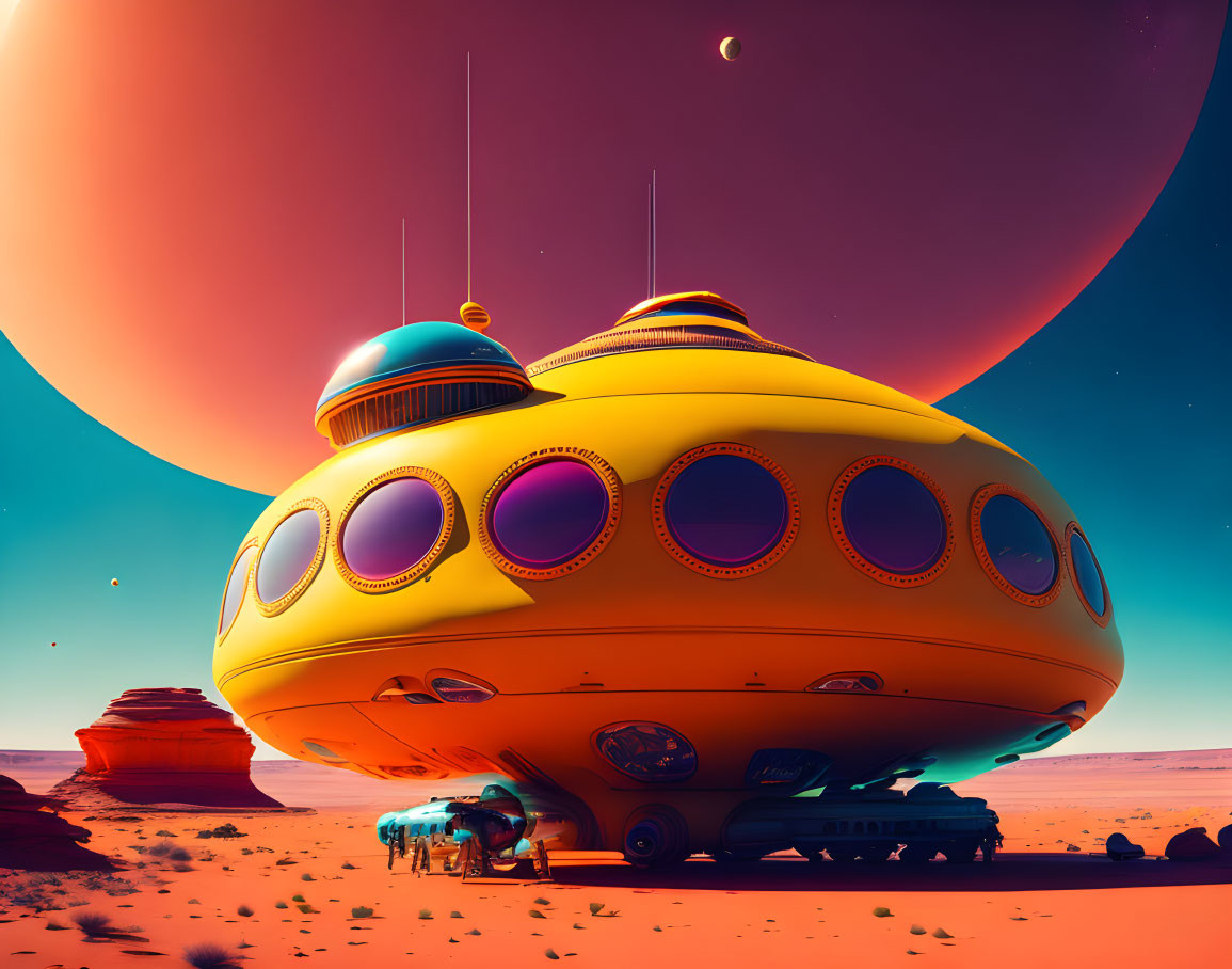 Large Yellow Spaceship in Vibrant Sci-Fi Landscape