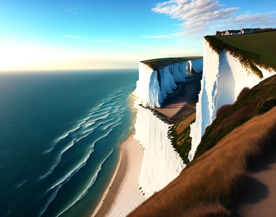 White Chalk Cliffs and Waves on Shore at Golden Hour