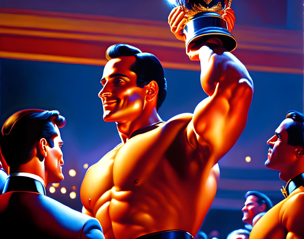 Muscular man lifting trophy in celebratory setting