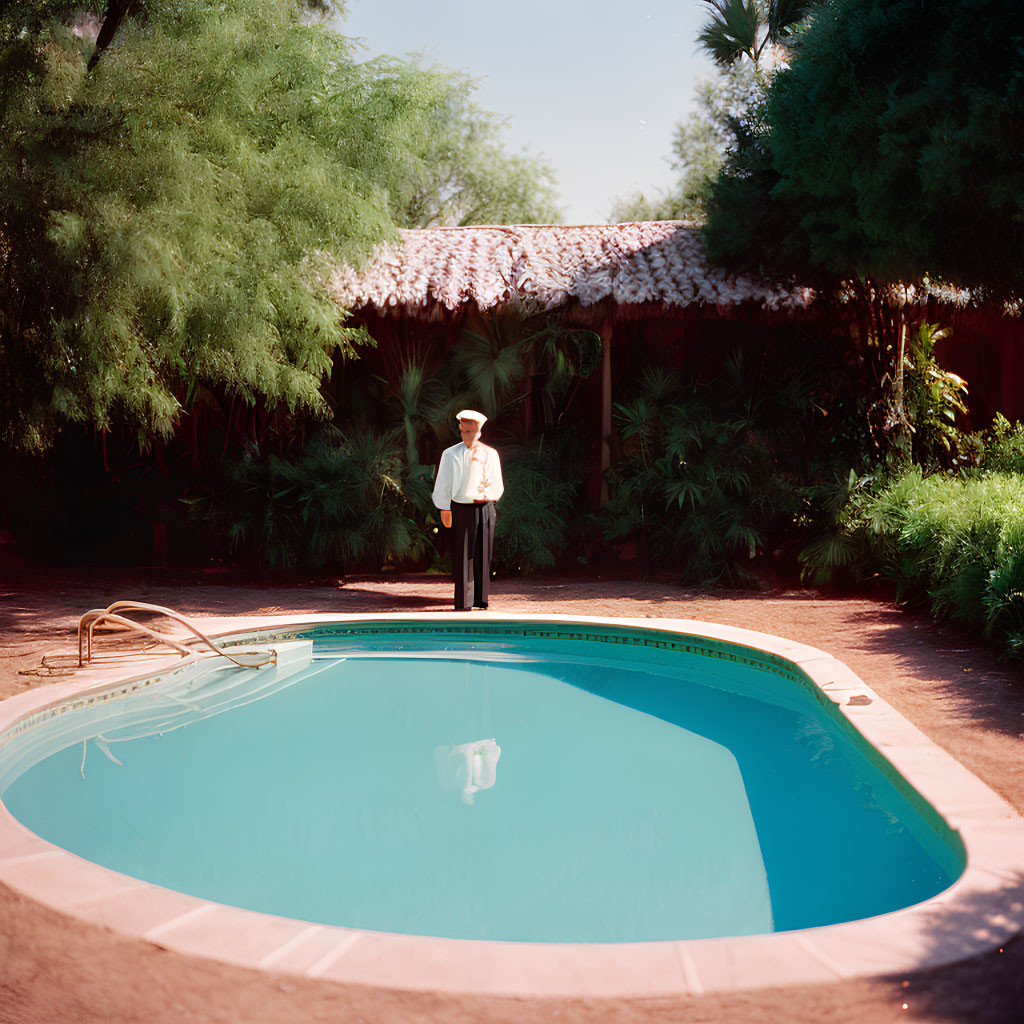 Person in White Suit by Outdoor Swimming Pool with Lush Greenery