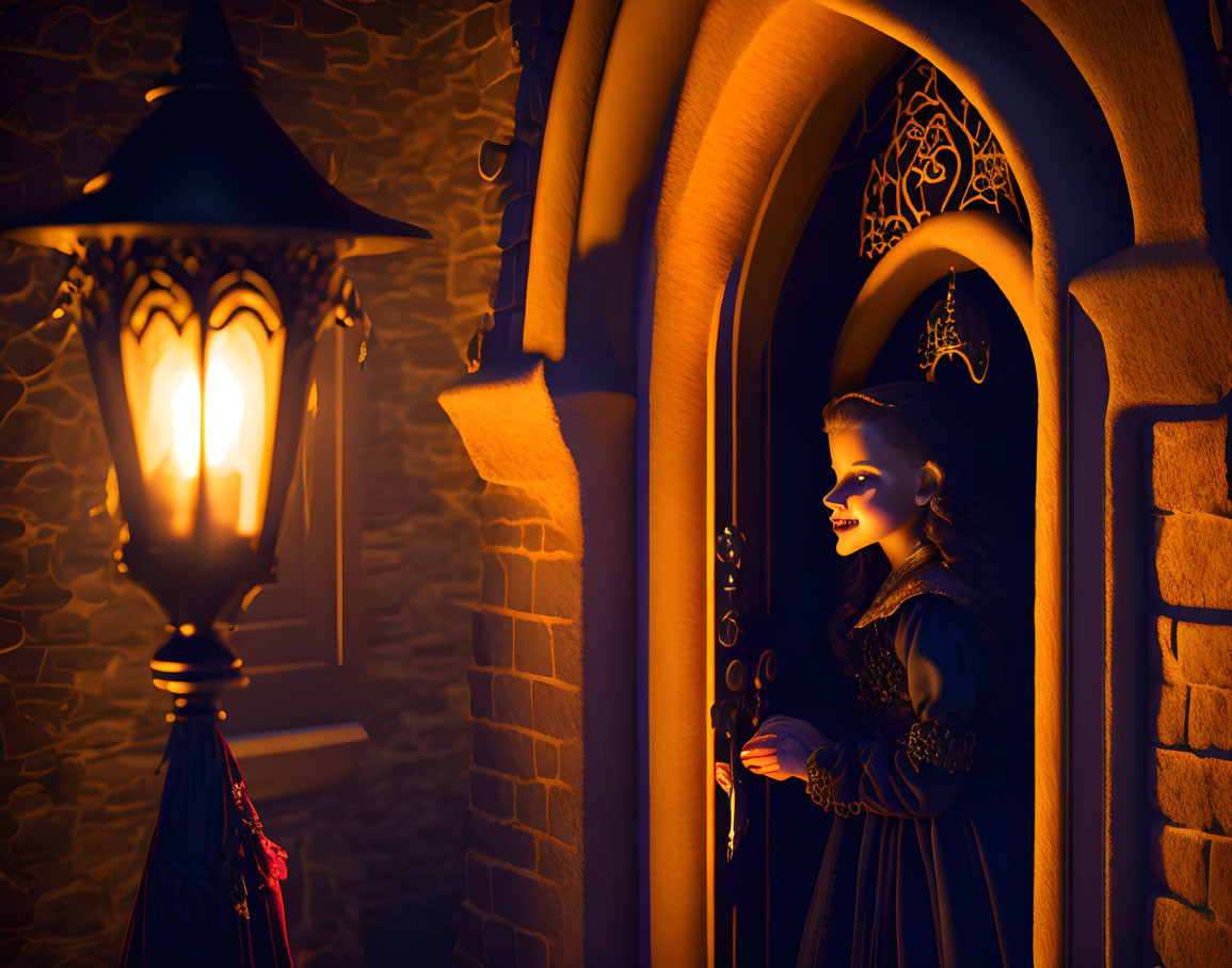 Vintage-dressed woman by arched doorway under street lamp at night