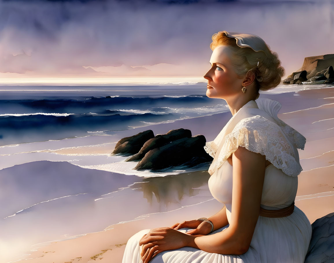 Vintage-dressed woman on beach gazes at calm sea at dusk