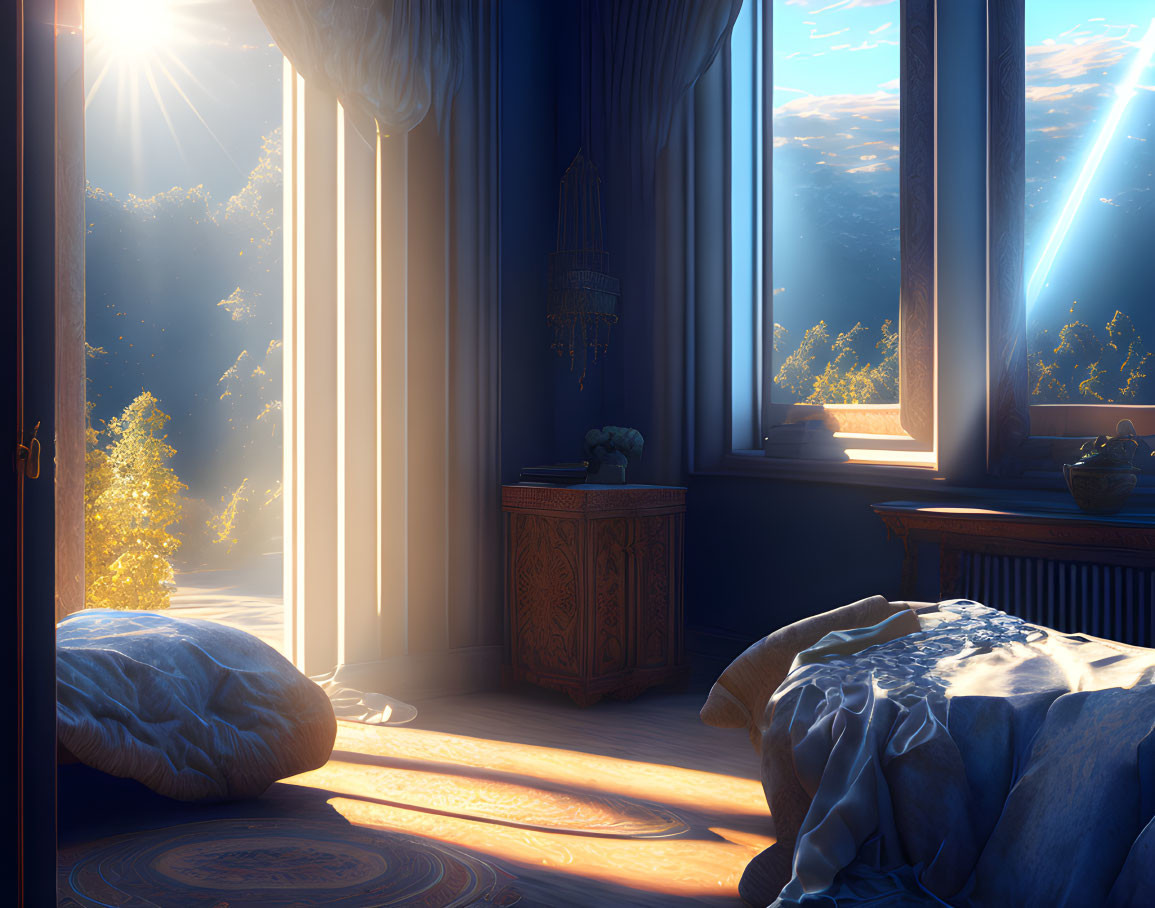 Sunlit bedroom with open curtains, crumpled blue sheets, and warm glow.