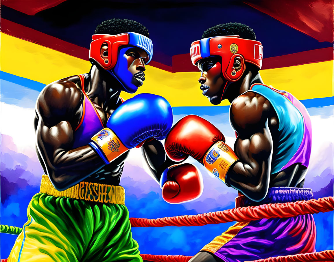 Colorful ring with two boxers in headgear and gloves.