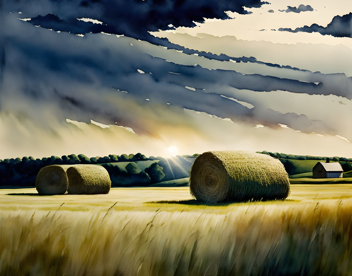 Rural landscape: sunset, hay bales, small house, dramatic sky