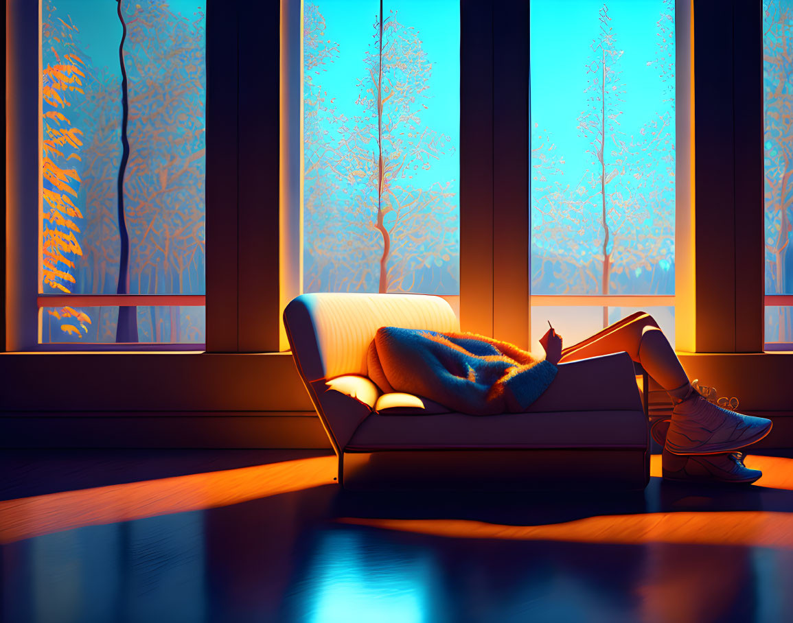 Cozy living room with forest view at sunrise or sunset