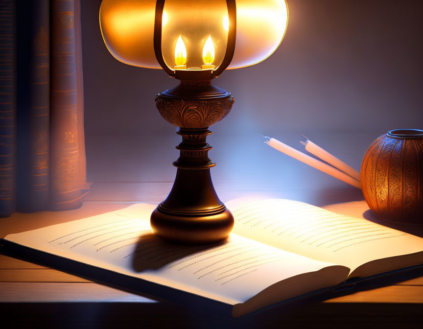 Open book, pencil, closed book on wooden surface under antique lamp