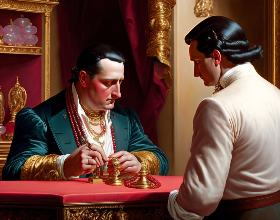 Luxurious Pink-Hued Setting with Two Men Examining Gold Items