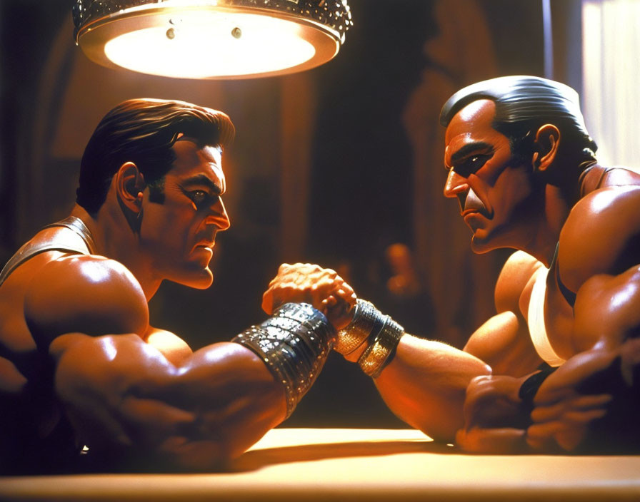 Muscular animated characters arm wrestling under bright light