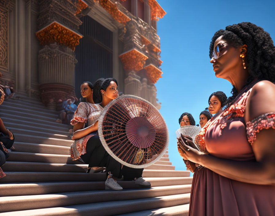 Women in ornate outfits with fan outside grand building under blue sky