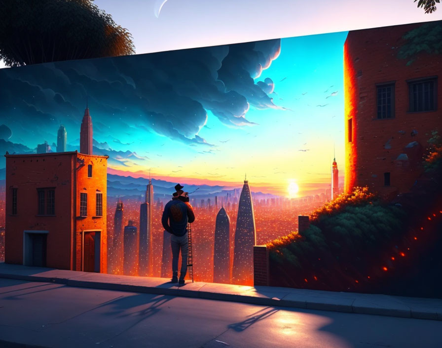 Person standing before surreal cityscape mural with space scene and fiery streak