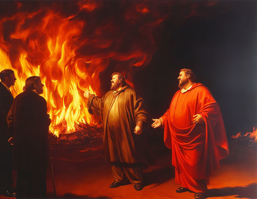 Men in robes having animated conversation amidst towering flames.