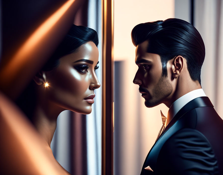 Elegant man and woman in dramatic lighting with intense expressions