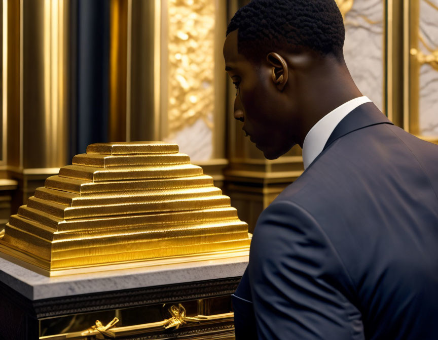 Businessperson admiring gold bars in luxurious interior