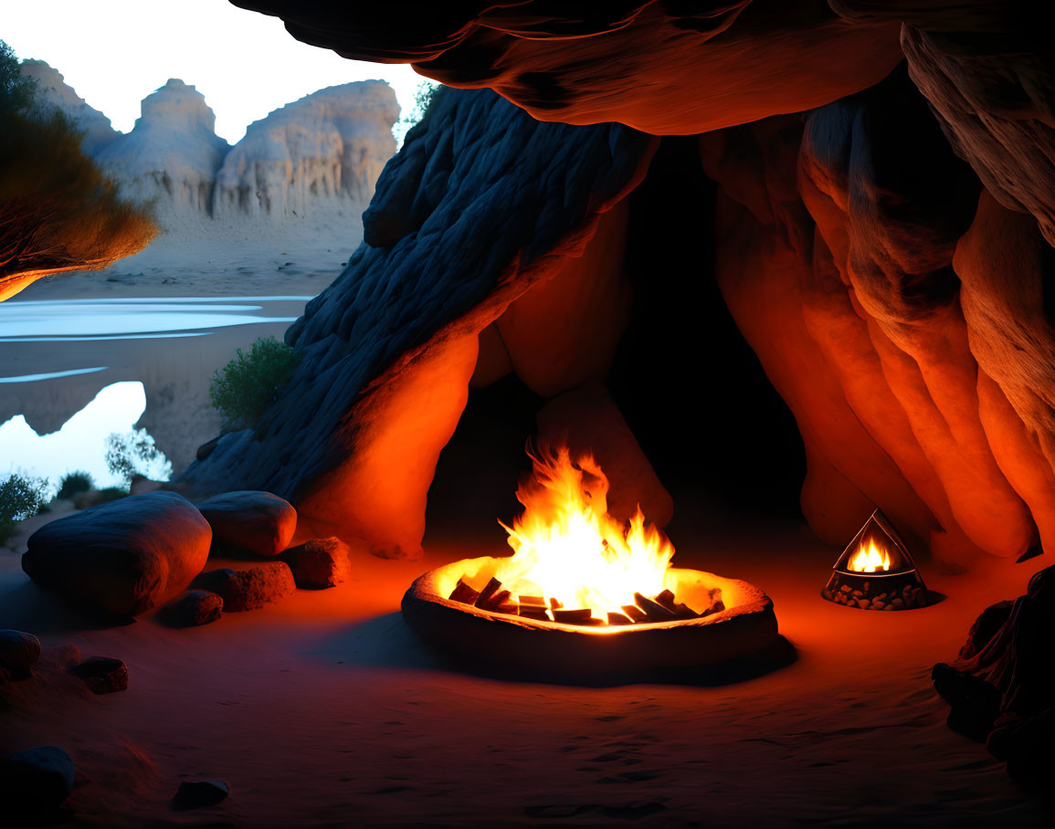 Vibrant campfire in cave with orange flames near tranquil river at dusk