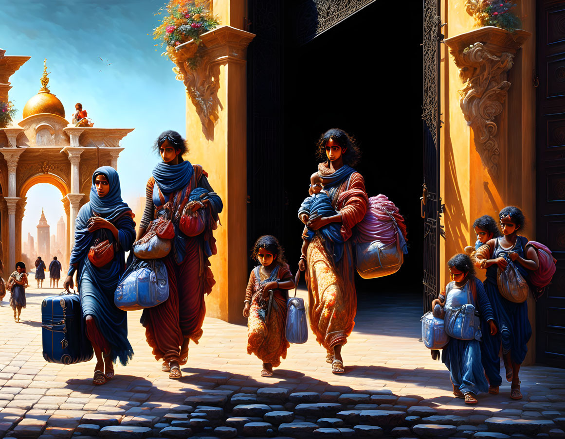 Colorful robed group exiting ornate golden gate in sunlit setting