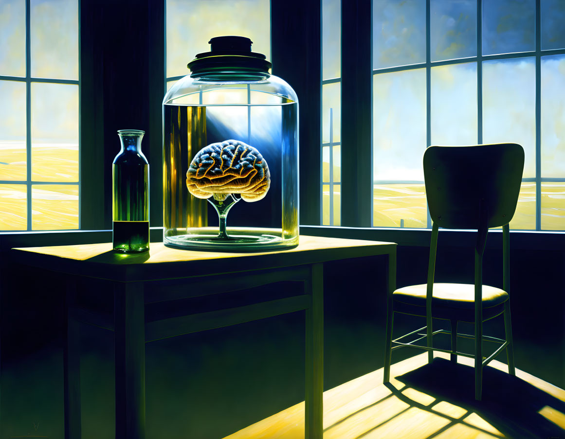 Surreal human brain in jar on table with green bottle, yellow landscape backdrop