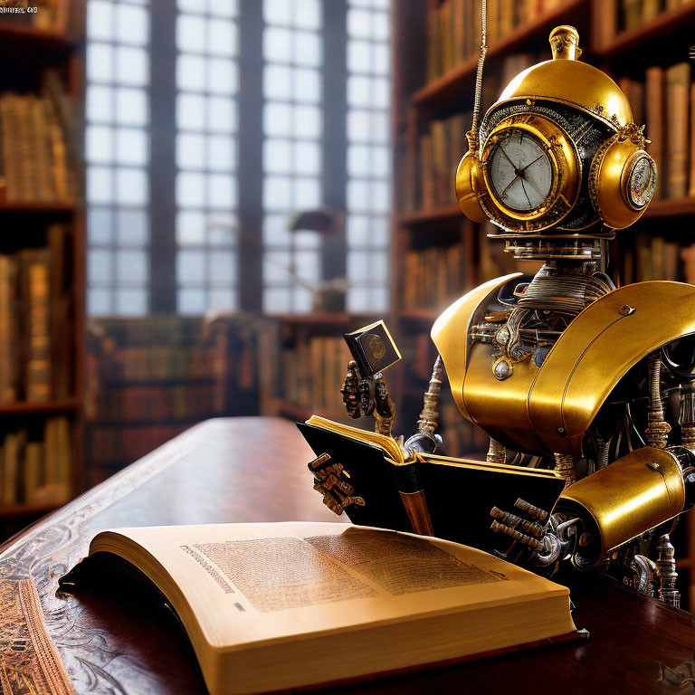 Steampunk-style robot reading book at desk with brass and gears.