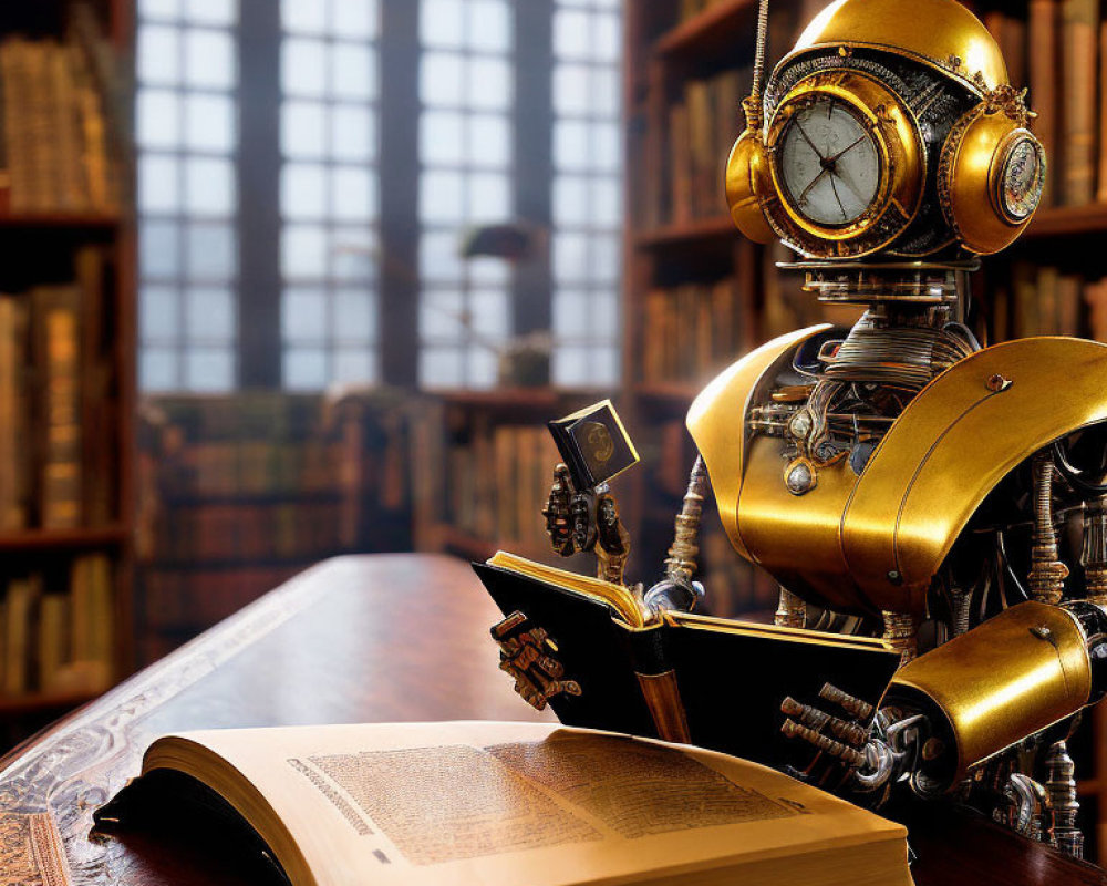 Steampunk-style robot reading book at desk with brass and gears.