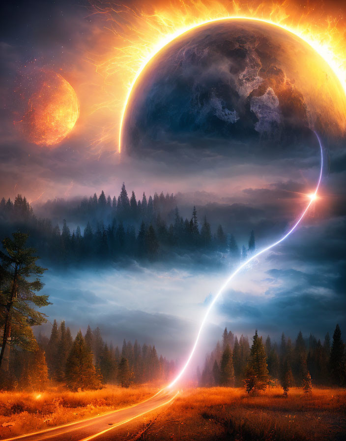 Surreal twilight landscape with giant planet, moon, and celestial arc