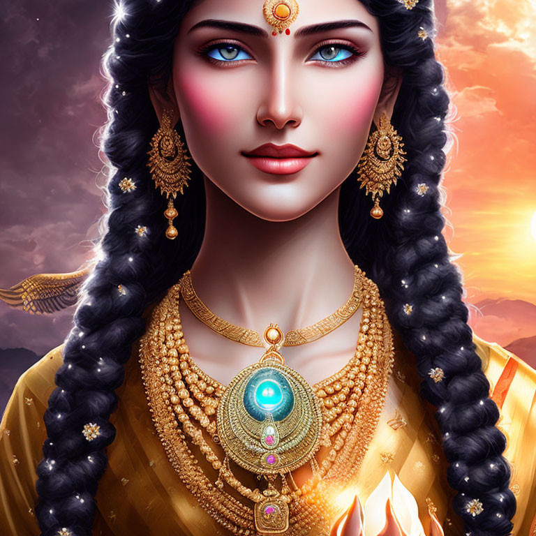 Blue-skinned woman with gold jewelry and third eye against warm sky.