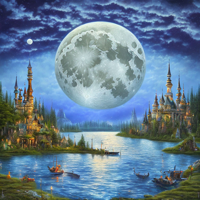 Fantasy night landscape with oversized moon, castle, river, boats, and forest.