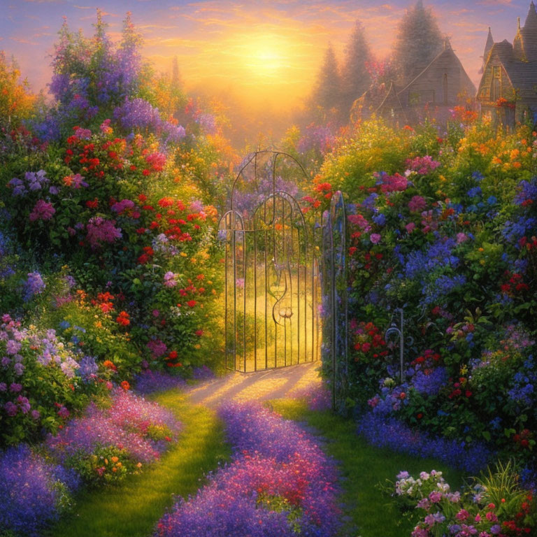 Tranquil garden scene with wrought-iron gate and vibrant flowers at sunrise