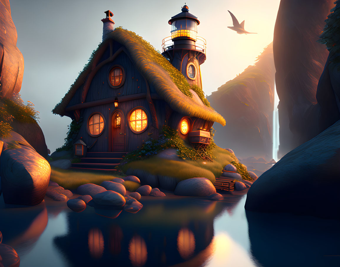 Enchanted cottage with lighthouse tower by calm waters at dusk