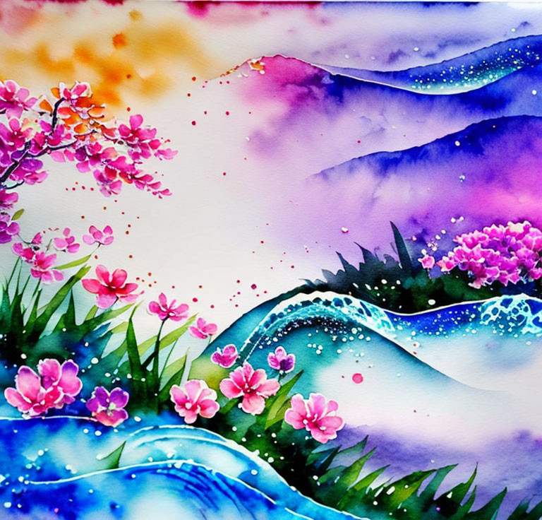 Colorful watercolor painting of pink blossoms on blue hills with red and purple splashes