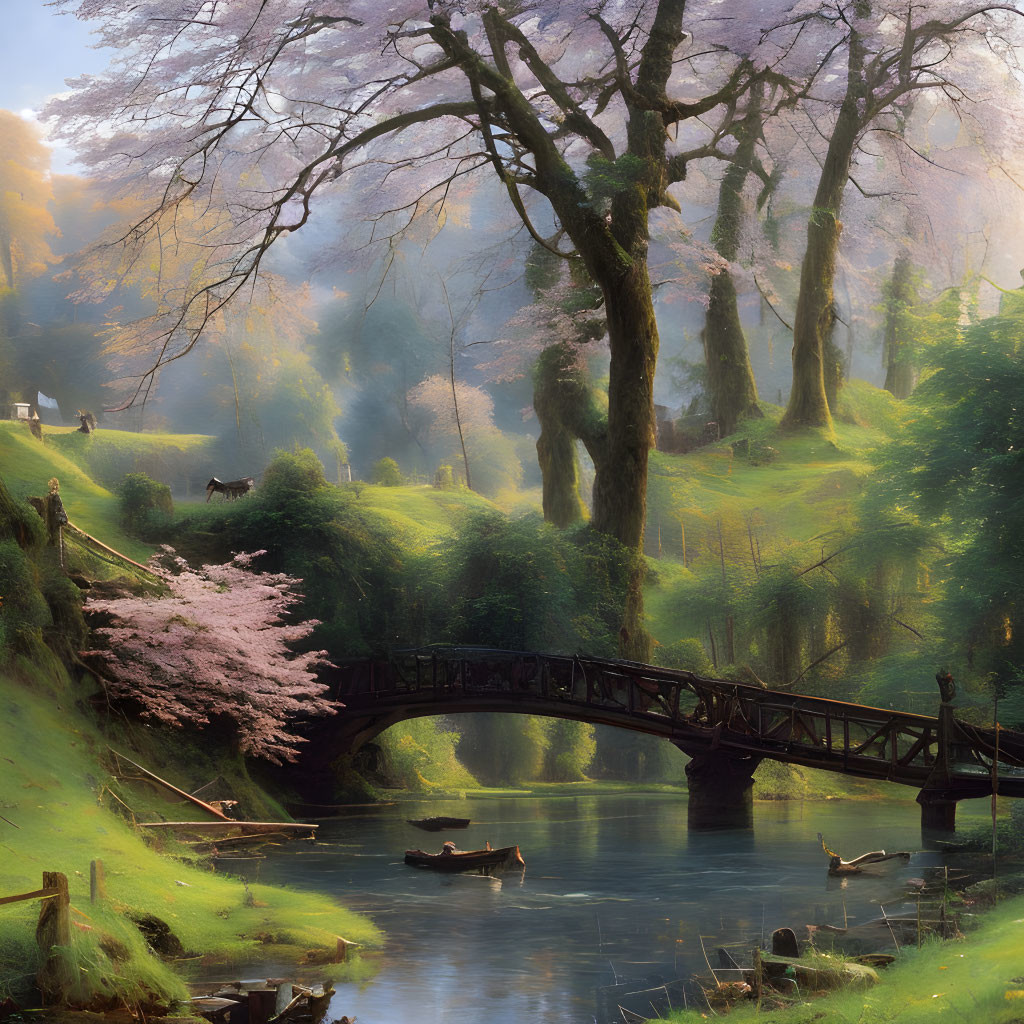 Tranquil landscape with wooden bridge, river, blossoming trees, hills, and fisherman