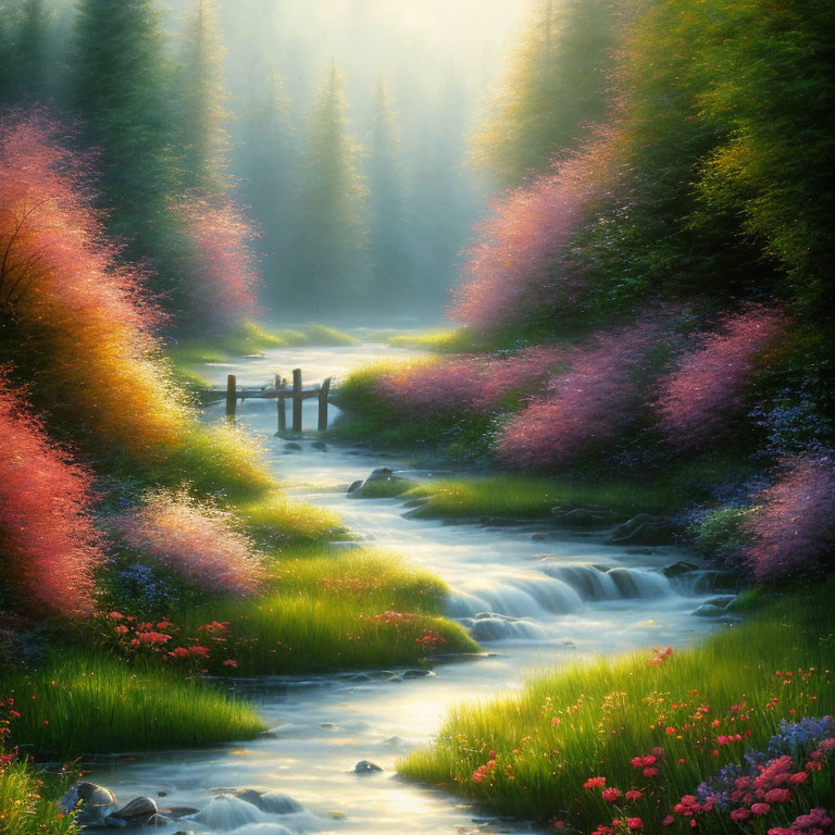 Tranquil stream in vibrant forest with sunlight and colorful flowers