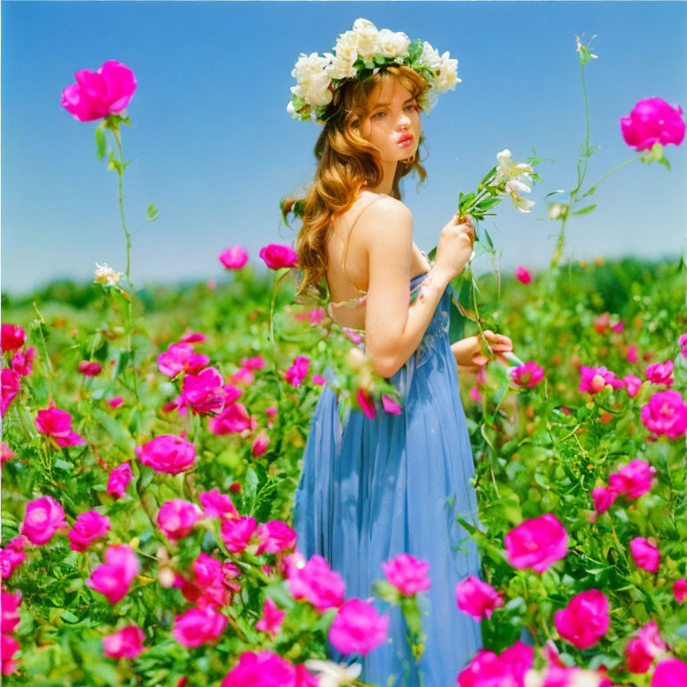 Woman in Blue Dress Surrounded by Pink Roses