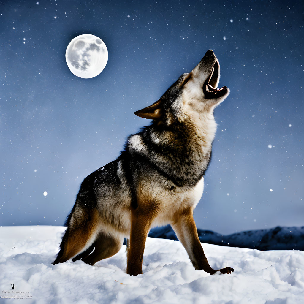 Wolf howling under full moon in snowy night landscape