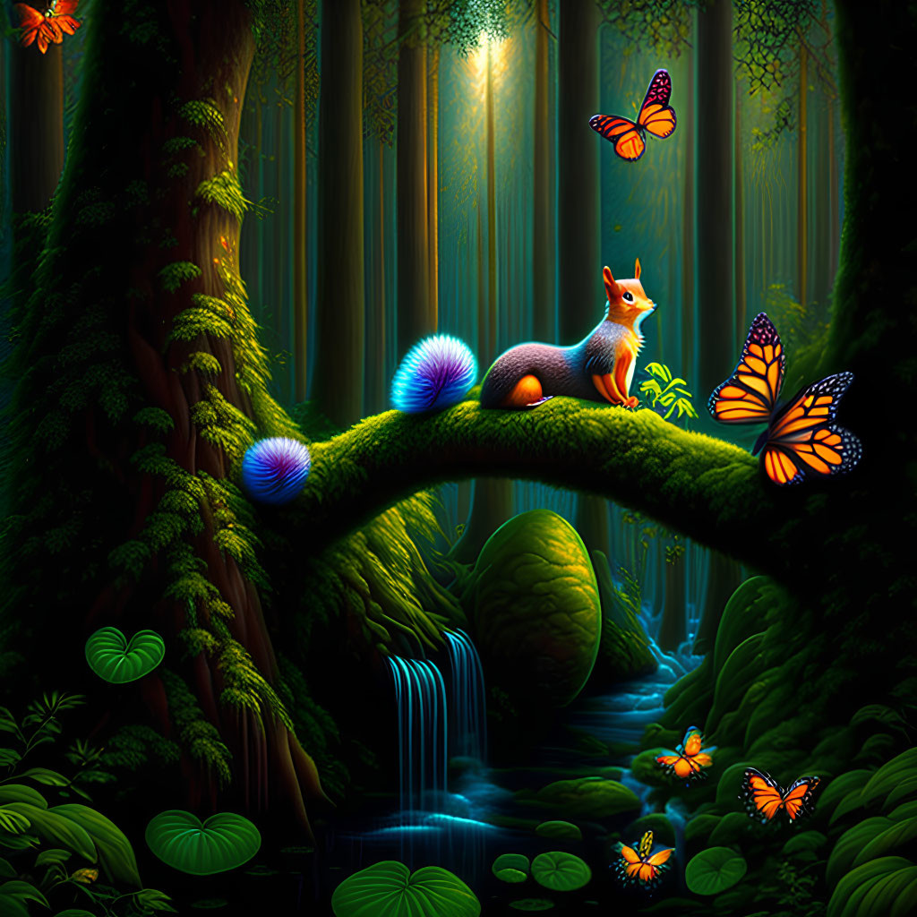 Lush forest with fox, butterflies, and waterfall