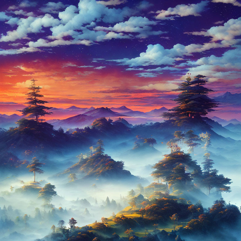 Scenic sunset landscape with misty mountains and evergreen forests