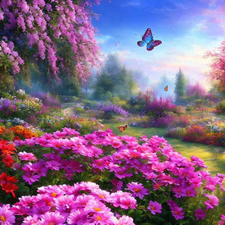 Lush garden with pink flowers, butterflies, misty trees - sunny backdrop